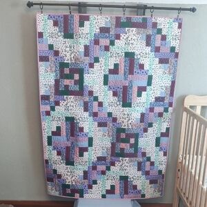 Handmade Quilted Baby Blanket in Purple, Pink & Green
